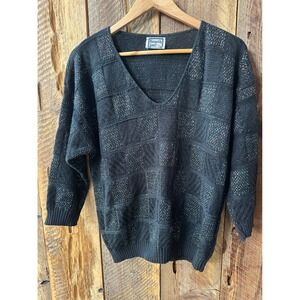 Vintage Kenneth Too Plus Black Knit V-Neck Sweater Sparkle Plaid